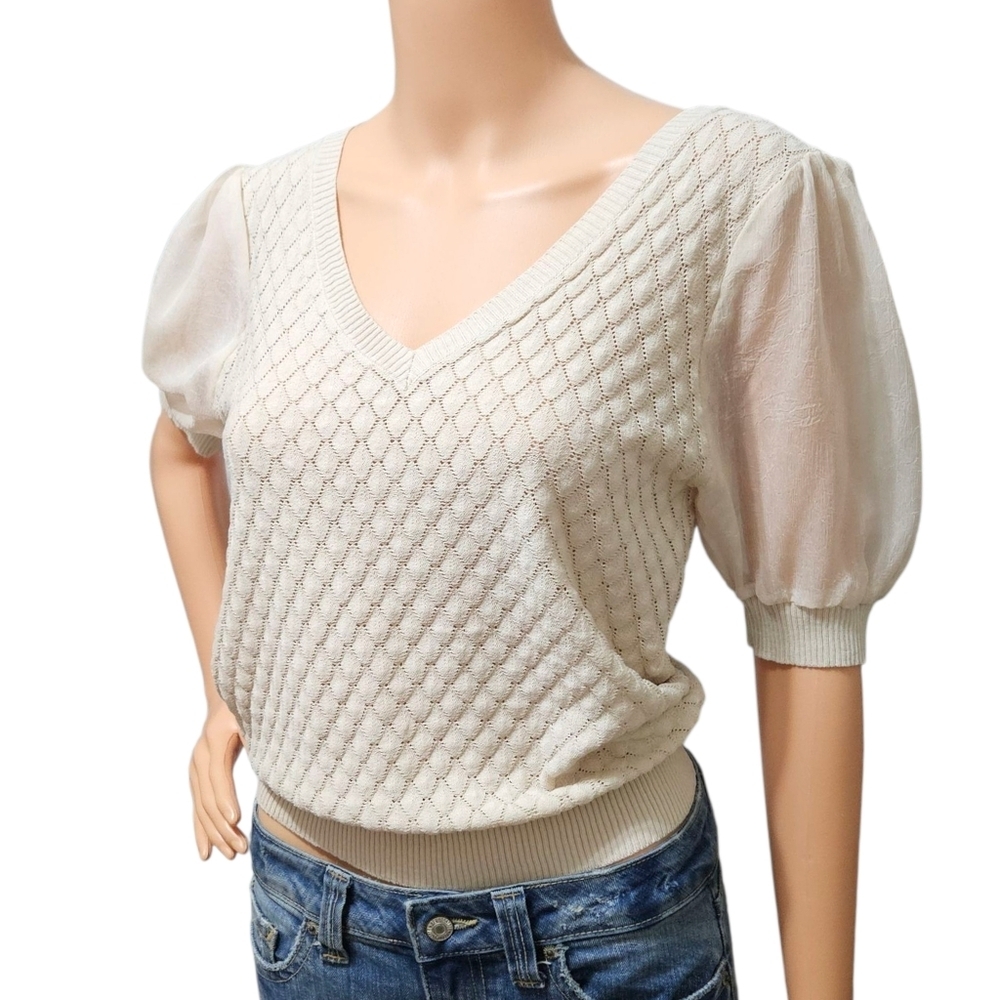 Womens Diamond Pattern Blouse Sheer Puff Sleeve Top Ivory M Preppy Coquette - Picture 2 of 12